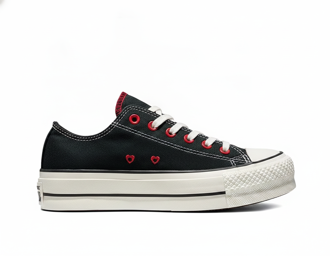 Zapatillas Plataforma de Lona Mujer Negro-Rojo Diseño Corazones